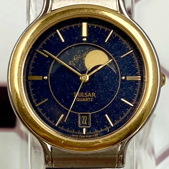 Rare Vintage Pulsar by Seiko Two-tone Moon Phase Watch Blue “Starry Night” Dial - Picture 1 of 16